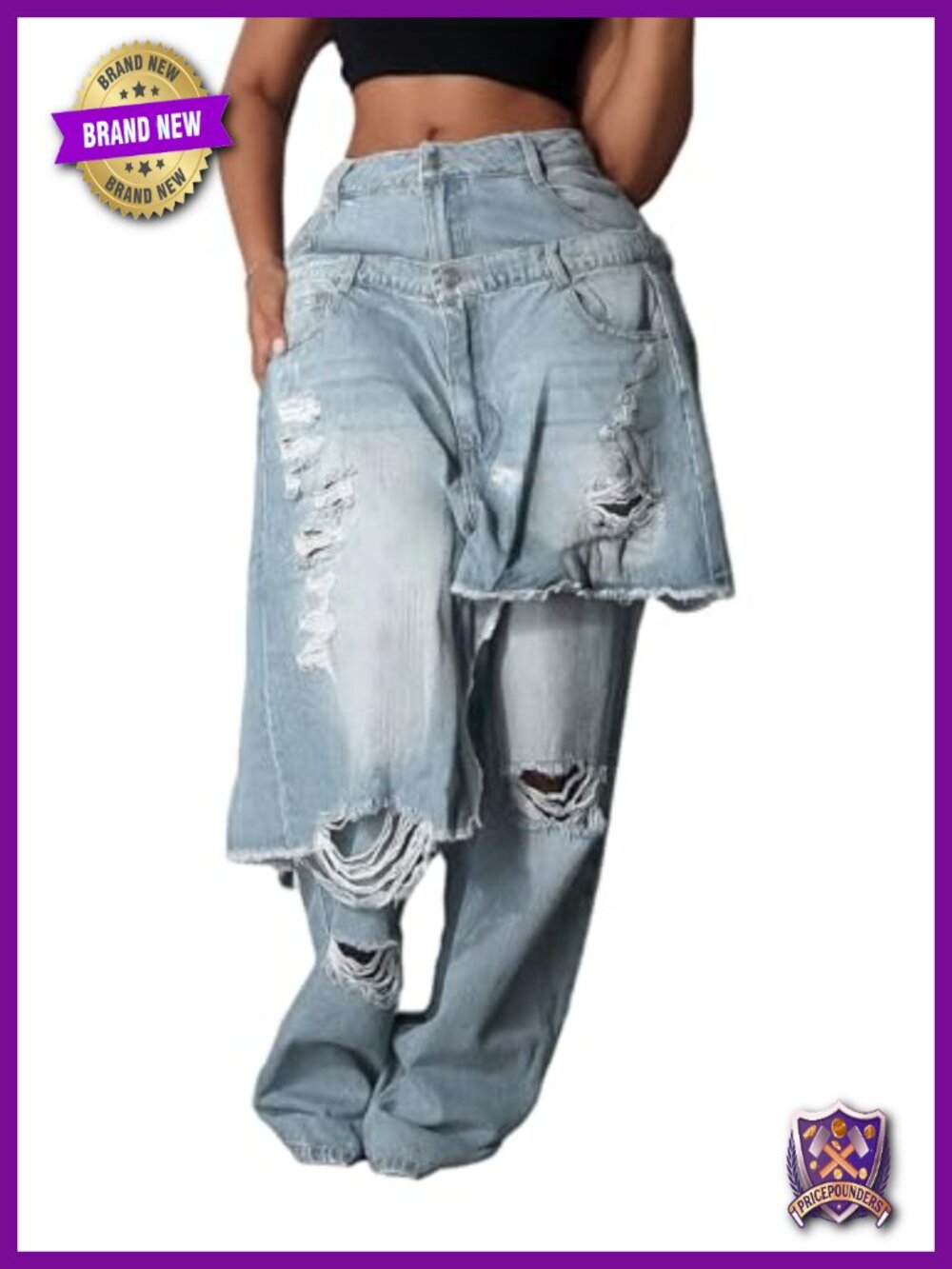 Womens High Waisted Patchwork Ripped Jeans Baggy Straight Raw Hem